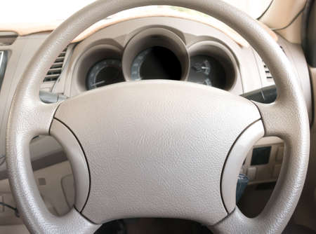 brown leather steering wheel, interior vehicle backgroundの写真素材