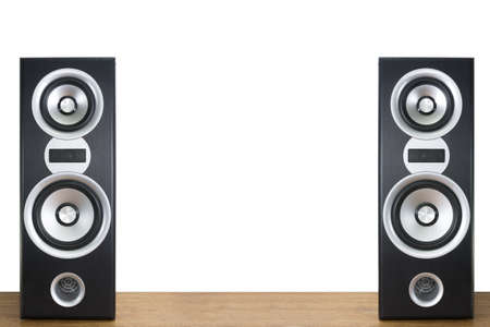 loudspeaker on wood floor and white wall backgroundの写真素材