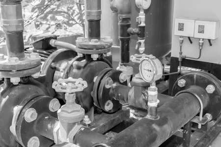 valve, pipe, pump and electric accessory, black and white