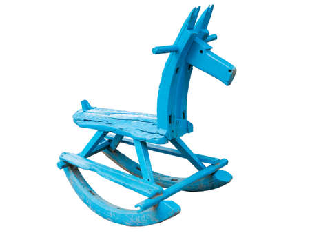old blue rocking horse isolated on white background, clipping pathの写真素材