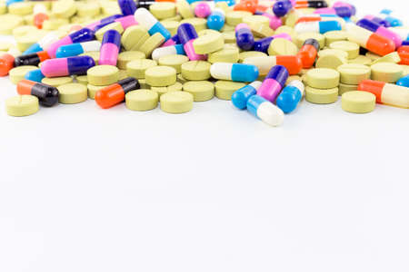 drugs and pills on white background, selective focusの写真素材