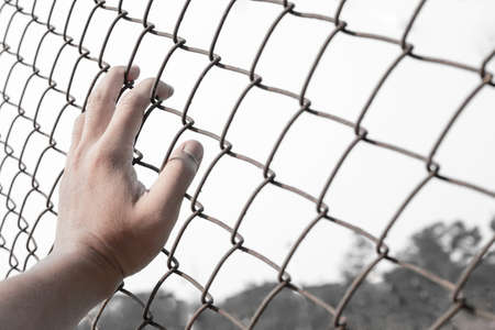 close up of hand on chain-link fence, selective focusの写真素材