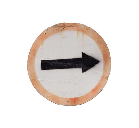 old traffic arrow sign wood board isolated on white background with clipping pathの写真素材