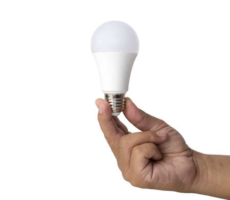 Hand holding led light bulb isolated on white background with clipping pathの写真素材