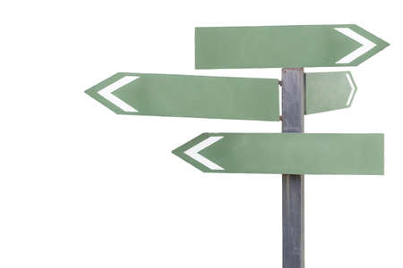 Green arrow wood sign on steel post, variety direction, isolated on white background with clipping...