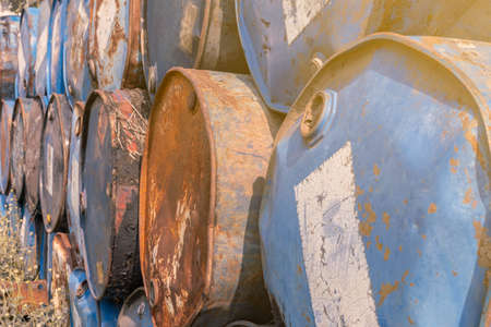 stack of waste oil tanks, environmental background selective focusの写真素材