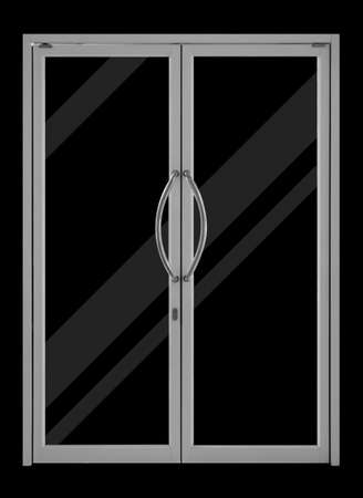 white aluminium door swing with glass panel isolated on black backgroundの写真素材
