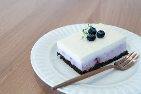 blueberry cheese cake on white plate with copper fork