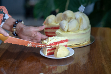 Durian cake and fresh yellow durian, Homemade Bakery in thailand, using as a background or wallpaper and textの写真素材