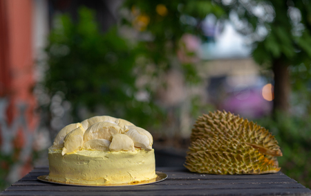 Durian cake and fresh yellow durian, Homemade Bakery in thailand, using as a background or wallpaperの写真素材