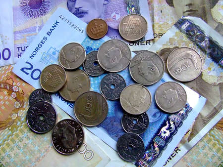 Bunch of Norwegian banknotes and coinsの写真素材