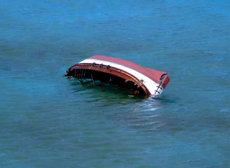 Tumbled ship in a sea after the storm