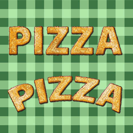 Pizza letters made of pizza topping texture on green tableclothの写真素材