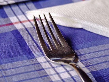 Shinny steel fork on the plaid tableの写真素材