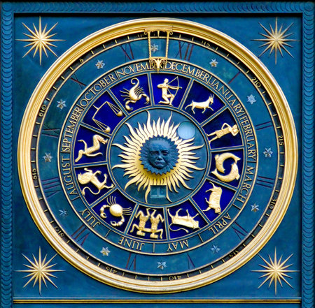 Blue zodiac clock with gold deatail and decorationの写真素材