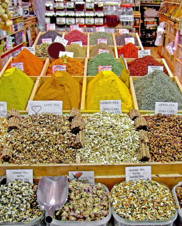 Variety of colorful spices in a spice market store