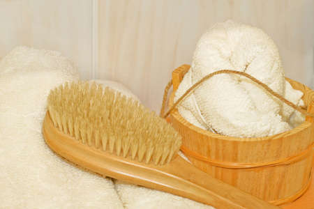 Sauna accessories towel brush and water bucketの写真素材