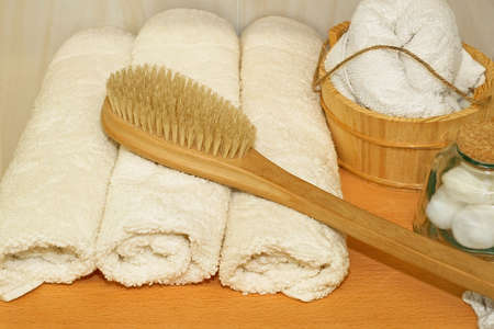 Sauna accessories towel brush and water bucketの写真素材