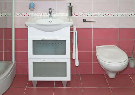 Big bathroom with shower and purple ceramicsの写真素材