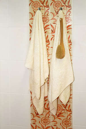 Two soft and fluffy towels and big brush の写真素材