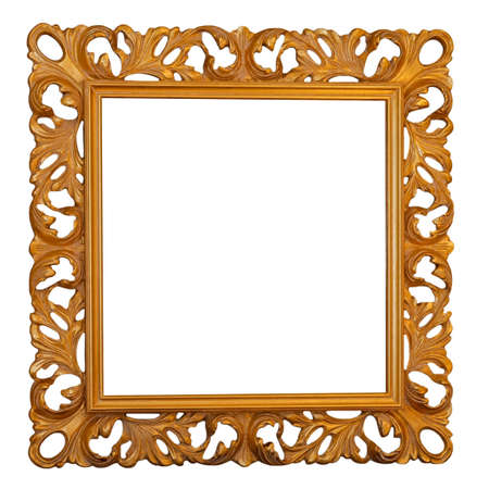 Golden and engraved old picture frame isolatedの写真素材