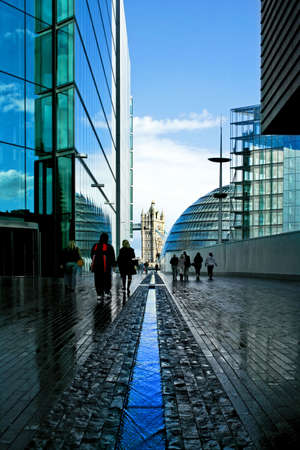 Modern new street with blue water wayの写真素材