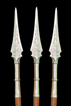 Three medieval sharp javelins with engraved ironwork の写真素材