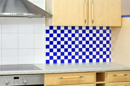 Wooden kitchen counter with blue details horizontalの写真素材