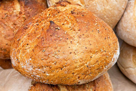 Hand made brown multi seeds loaf close up