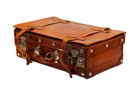 Grunge brown leather suitcase isolated on whiteの写真素材