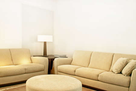 Living room with two beige textile sofas