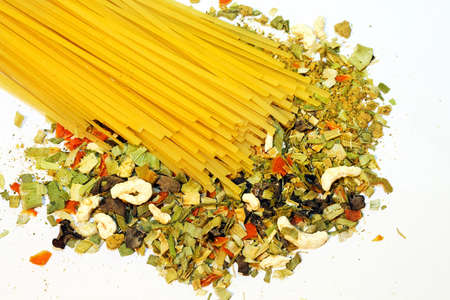 Close up shot of tagliatelle and vegetablesの写真素材
