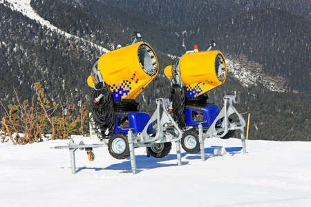 Two cannons for snow making at mountainの写真素材