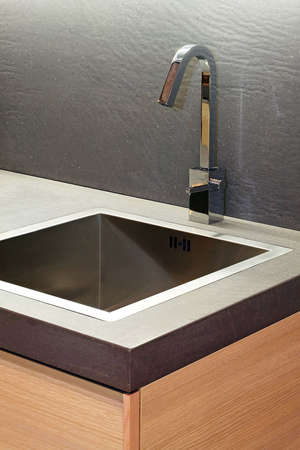 Close up shot of wooden kitchen sinkの写真素材