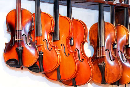 Close up shot of handmade violins and violasの写真素材