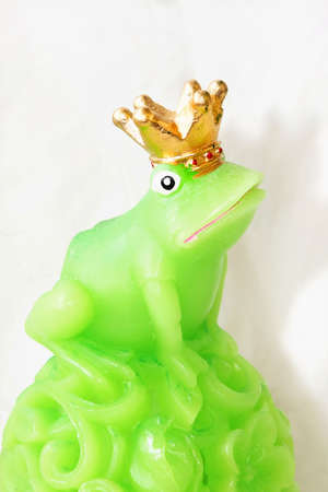 Close up shot of green frog with crown の写真素材