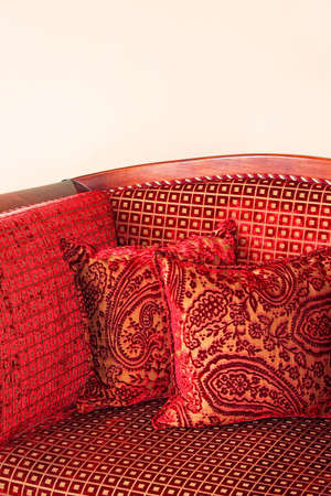 Close up shot of red pillows and upholsterの写真素材
