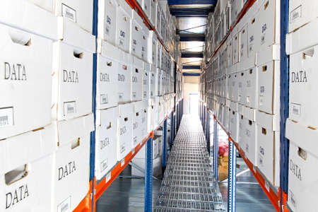 Long rows of data boxes in warehouse