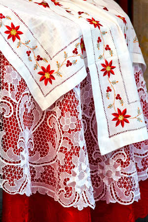 White lace and floral handmade table clothの写真素材