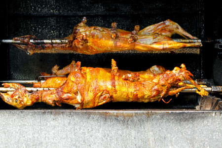 Three lambs rolling on the skewer while roastingの写真素材