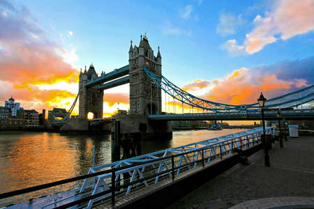 Famous London landmark Tower bridge during sunsetの写真素材