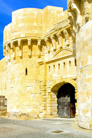 Exterior entrance of old stone medieval castle