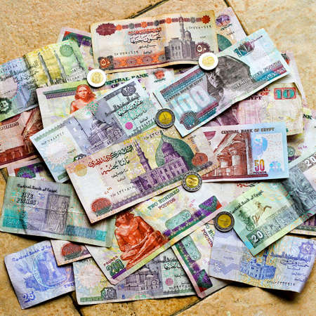 Big pile of colorful Egyptian pounds banknoteの写真素材