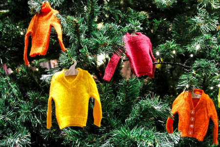 Interesting Christmas tree decorations in the shape of sweaters の写真素材