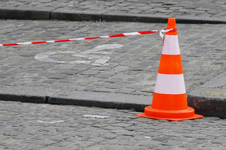 Traffic safety cone with line at street の写真素材