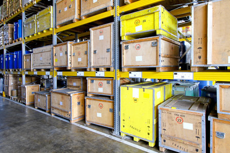 Rugged crates at shelves in museum warehouse 