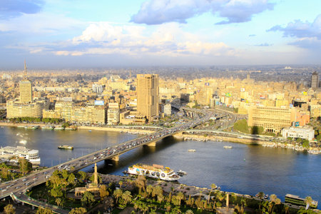 CAIRO, EGYPT - FEBRUAR 25: Cairo city from tower on FEBRUAR 25, 2010. City and bridge at River Nile in Cairo, Egypt. のeditorial素材