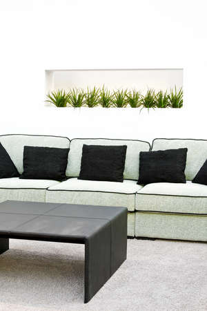Sofa with black pillows in white interior  