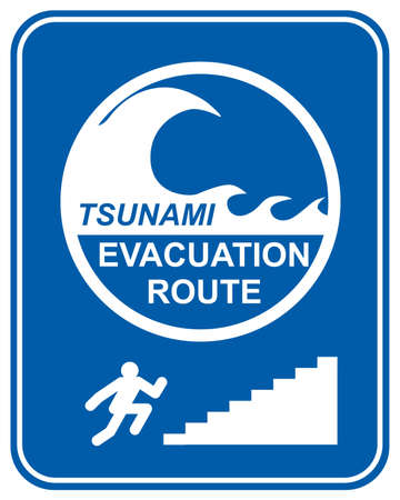 Tsunami warning signs showing evacuation route directions for pedestrians climbing stairsのイラスト素材