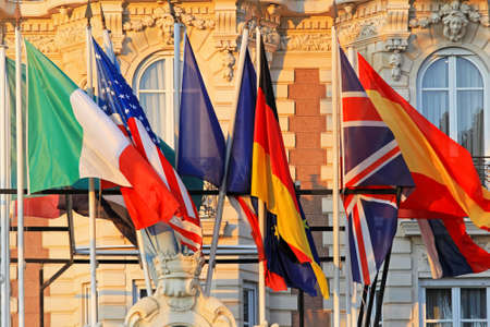 Many international flags at building exteriorの写真素材